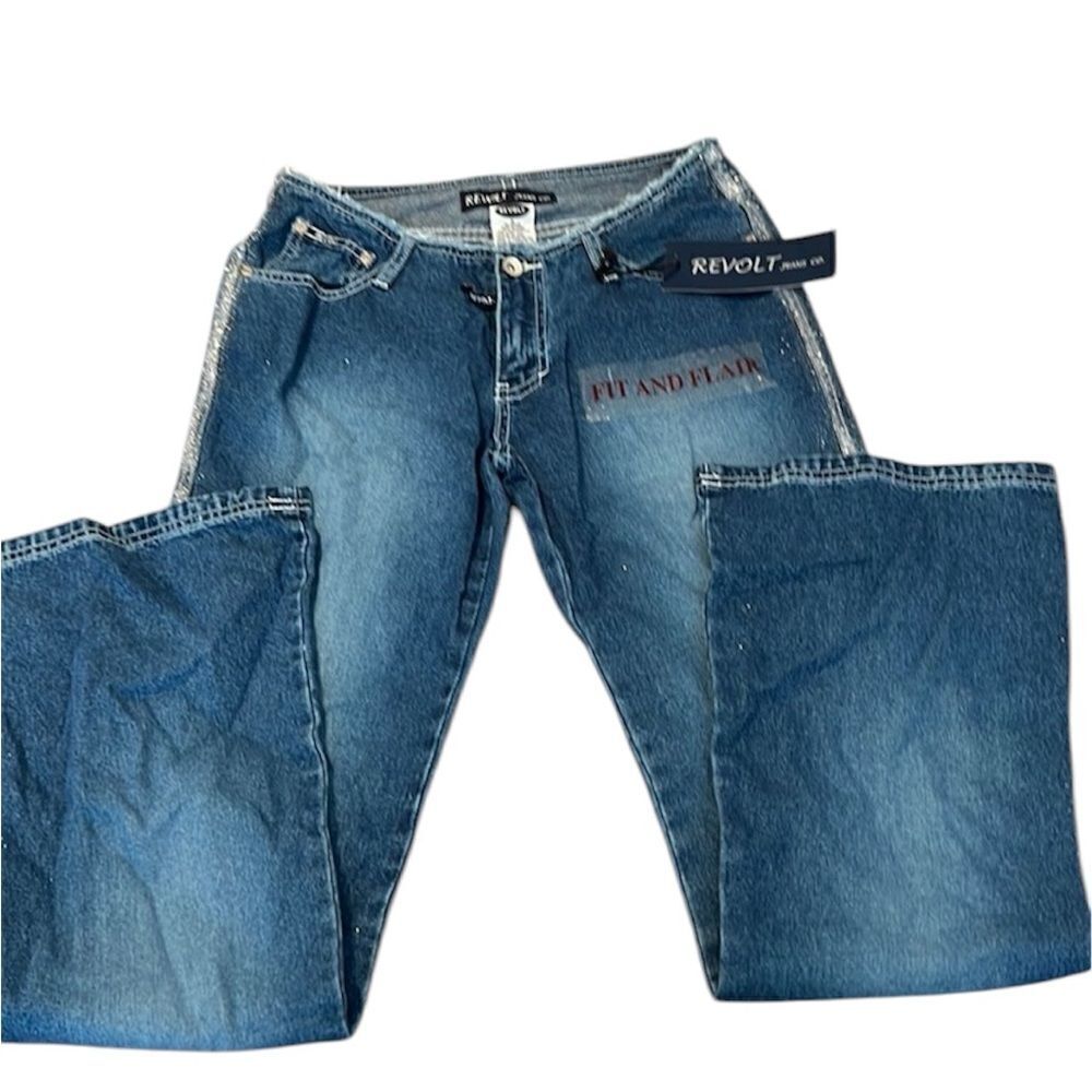 NWT Revolt sz5 junior fit & flare jeans w/raw waistband & glitter down the legs